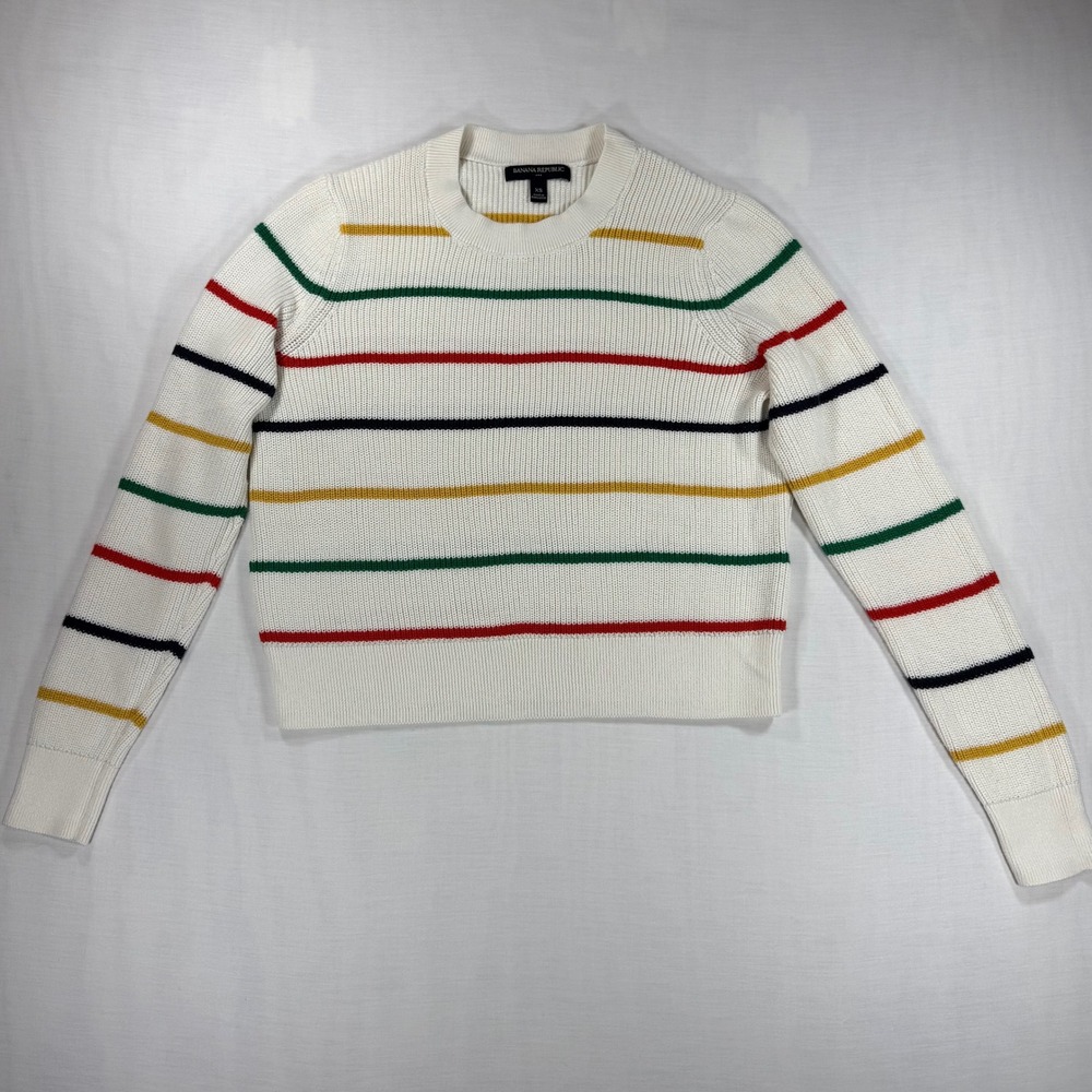Banana Republic Striped Ribbed Cotton Knit Sweater Cream Rainbow Multi XS